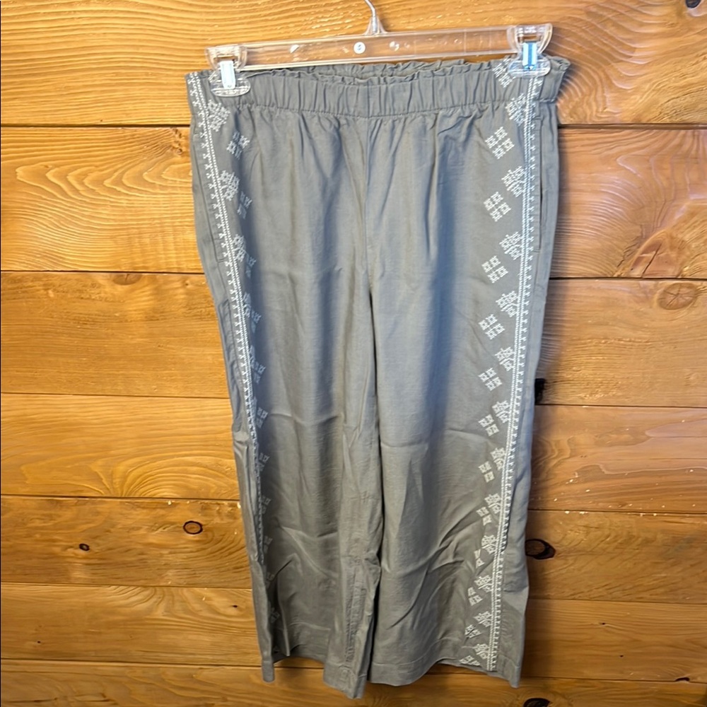PUREJILL Womens Sm CASUAL PANTS COMFORT Green 100% TENCEL EMBROIDERED SIDES Boho